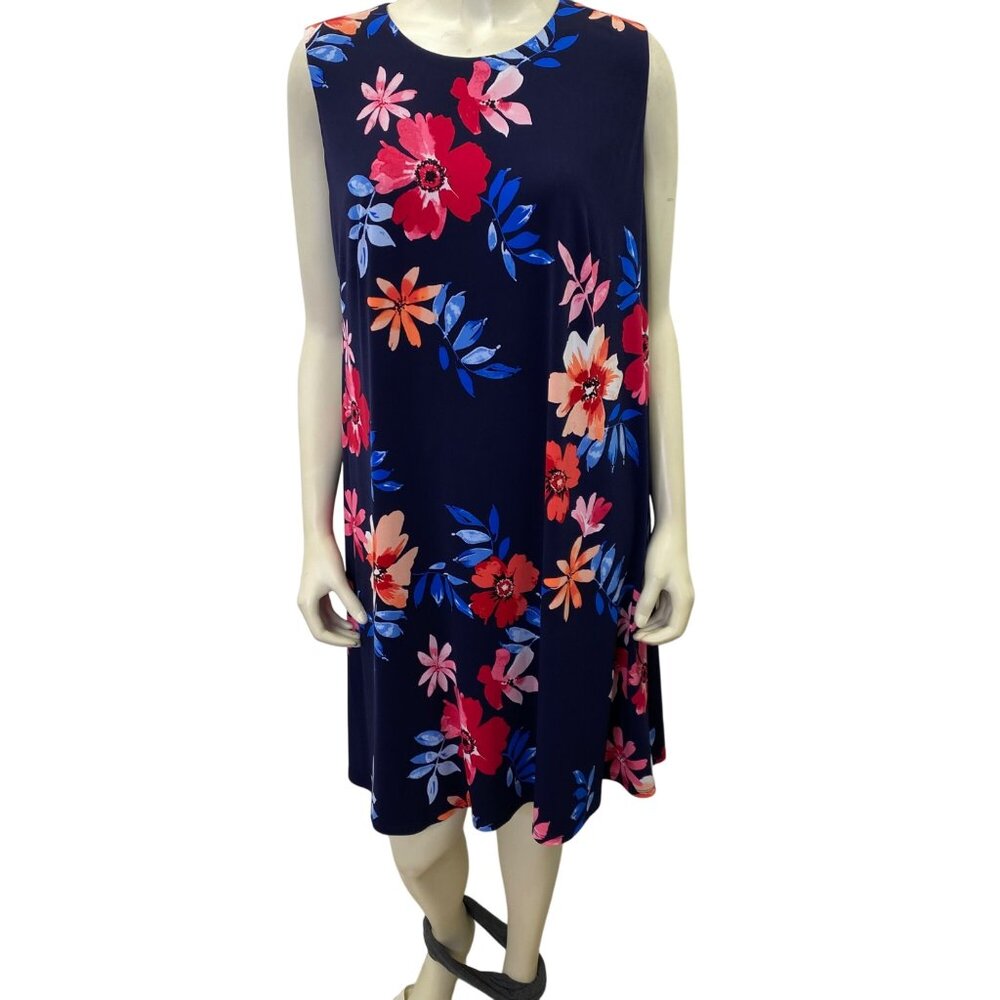 J‎ Howard Sleeveless Floral Print Navy Dress Polyester Knee-Length Sz 14W